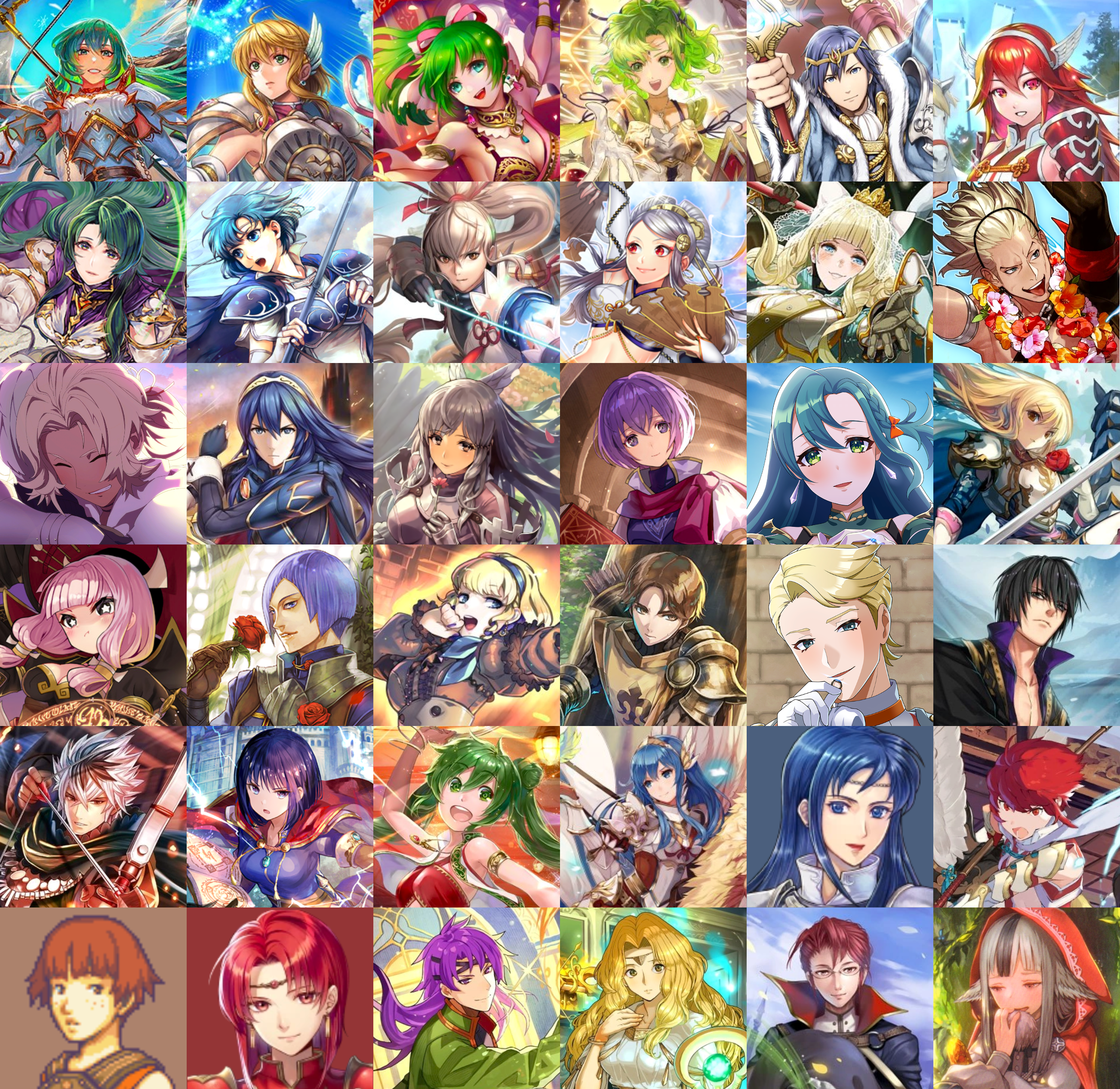 a grid showing Fire Emblem characters. From left to right, top to bottom: Erinys, Nanna, L'Arachel, Chrom, Caeldori, Cecilia, Thea, Takumi, Orochi, Charlotte, Vaike, Catherine, Lucina, Sumia, Katarina, Chloe, Lachesis, Mitama, Lorenz, Constance, Tobin, Bunet, Shiva, Shura, Olwen, Silvia, Caeda, Isadora, Hinoka, Dorothy, Melady, Hugh, Edain, Laurent, Velouria. 