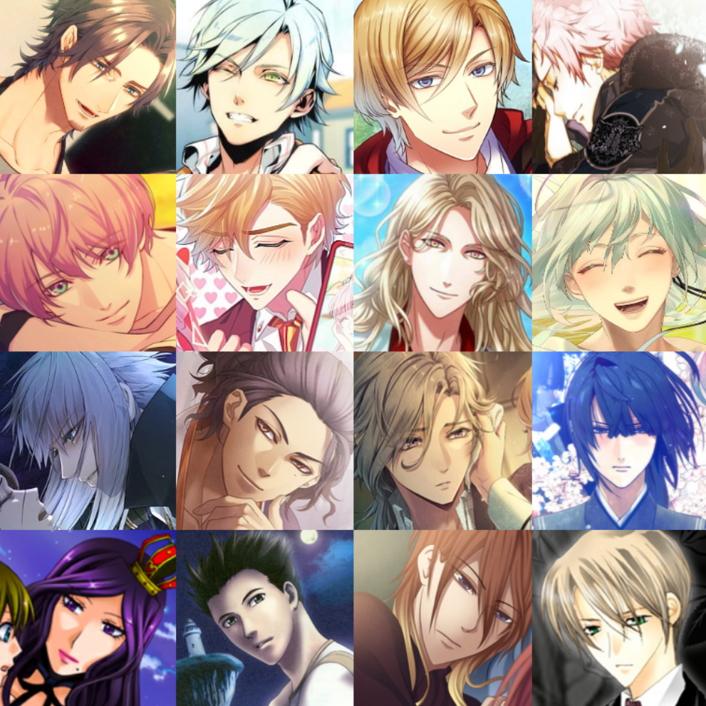 12 pictures of love interests from otome games. The characters are Rindo, Nayuta, Fahren Heit, Levi, Harumi, Gill Lovecraft, Lateria, Mathis, Saint Germain, Ryouma, Henri, Riku, Vivaldi, Masaki, Rumpel, and Akito.